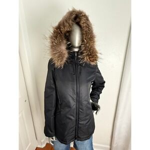 Ann Taylor Black Winter Parka Jacket with Real Fur Trimmed Hood - Size M